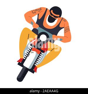 Bearded biker with tattoos racing on motorcycle front view illustration Stock Vector