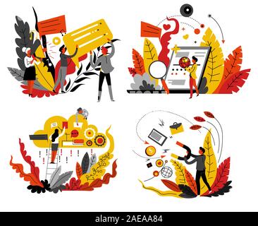 People using digital devices for information search and business purposes Stock Vector