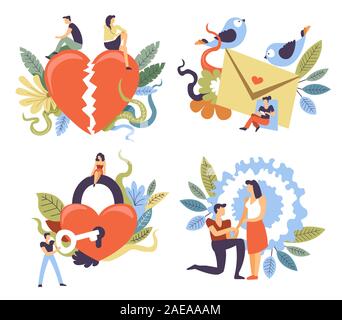 Relationship stages from courtship to break up and marriage proposal Stock Vector