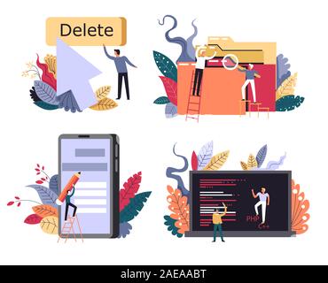 People searching for and working with documents on computer Stock Vector