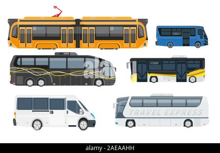 Travel shuttle buses and passenger transport vehicles side view Stock Vector