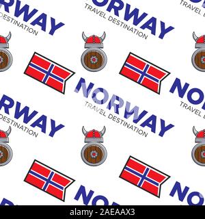 Norway travel destination and national flag seamless pattern with text Stock Vector