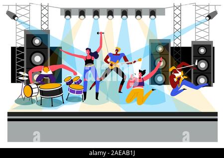 Music band performing on stage live during live concert Stock Vector