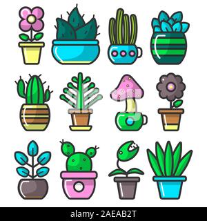 Succulent houseplants in ceramic planters and potted flowers collection Stock Vector