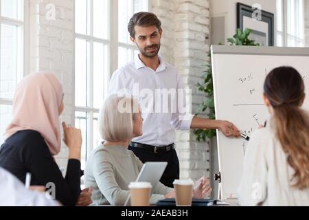 Focused mixed race colleagues listening to professional male speaker. Stock Photo