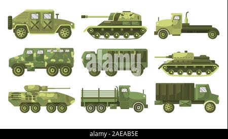 Tanks and armoured trucks camouflage vehicles collection side view Stock Vector