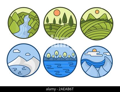 Abstract linear green landscapes and blue seascapes in circle icons Stock Vector