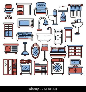 Furniture linear icons with interior design furnishing and decor items Stock Vector