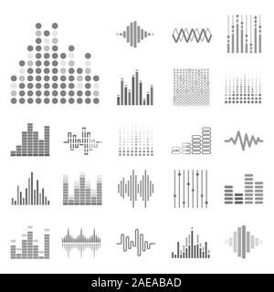 Sound waves and audio digital equalizer icons collection in grey Stock Vector