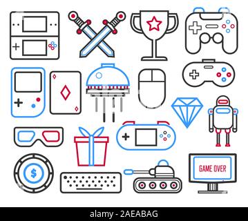 Video games console with joystick controllers and toys linear icons Stock Vector