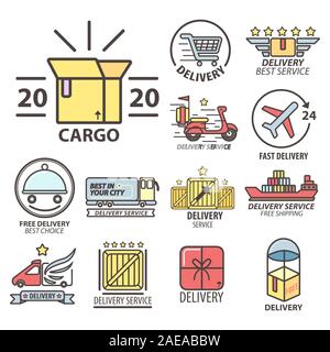 Fast delivery and express shipping logistics linear icons collection Stock Vector