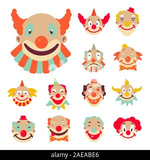 Clown faces with colourful wigs and accessories icons Stock Vector
