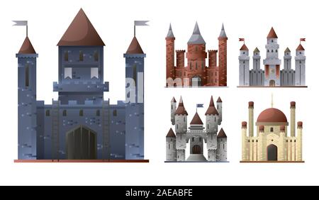 Medieval castles and fortresses architectural structures in grey and brown Stock Vector