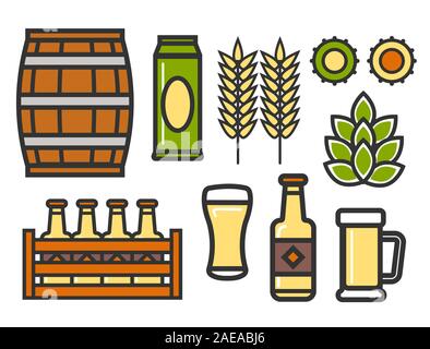 Beer linear icons of brewery barrel and crates with bottles Stock Vector