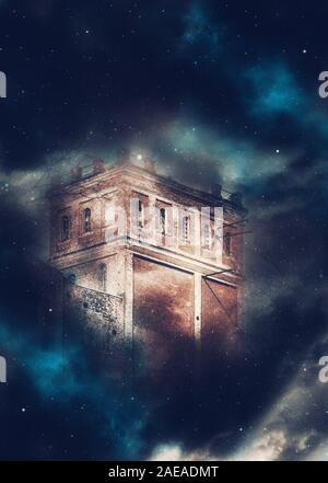 Old brick castle tower night scene with fantasy starry fog background. Stock Photo