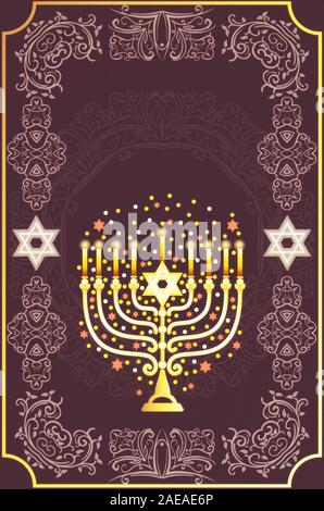 Jewish golden menorah with candles and florals, greeting card for Hanukkah, Jewish festival of lights decoration symbol. Stock Photo