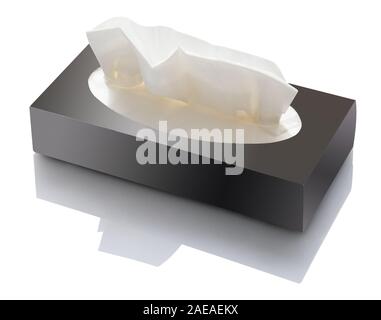 White clean paper towels or tissues protruding from a black box viewed high angle over white with shadow and copy space Stock Photo