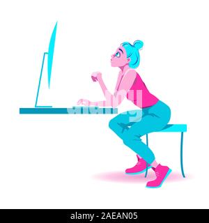 Young girl sitting at a computer. Online work, training, shopping, leisure. Cartoon character in flat style vector illustration. Stock Vector