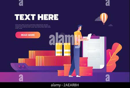 Young caucasian white delivery man checking parcel with the list in clipboard. Man preparing parcel box for dispatch in warehouse. Stock Vector