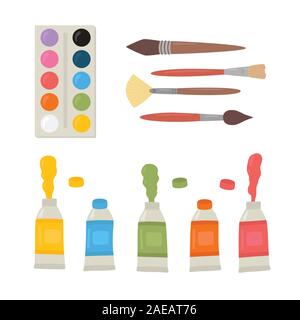 vector set of art materials, drawn by wayercolor, palette, isolated art  supplies, tubes o…