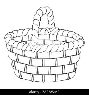 Aged willow bast bread pottle, basket isolated on white background, for colouring book - hand drawn Vector Illustration. Stock Vector