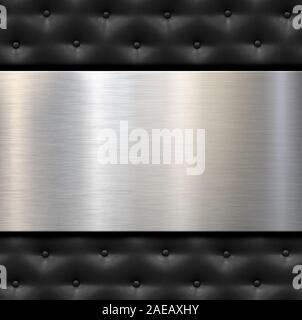 Metal plate over black leather with buttons background Stock Photo