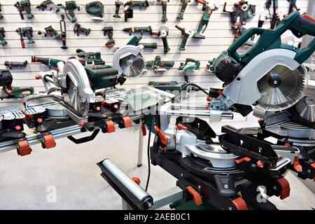 Electric saws in the household tool store Stock Photo