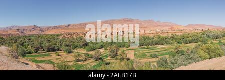 Panorama from an elevated point of the city of Tinghir in the fertile oasis along the Wadi Todgha Stock Photo