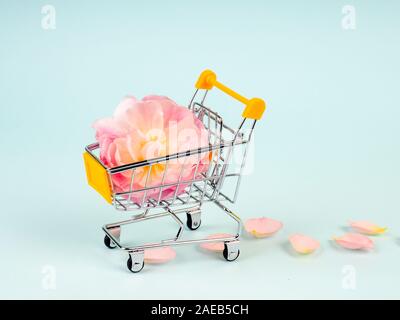 Shopping trolley with flowers on pink punchy pastel background. Banner with copy space. Top view, flat lay. Creative layout. Festive shopping and sale Stock Photo