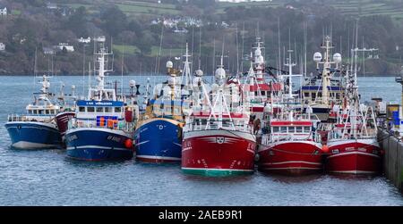 Union Hall, West Cork, Ireland 8th December 2019. All the fishing fleet is alongside in Union Hall Harbour sheltering from the approaching storm Atiyah, with damaging gusts up to 130Kmh expected it’s the safest place to be for the next few days. Credit aphperspective/ Alamy Live News Stock Photo