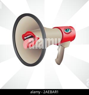 Subject loudspeaker megaphone character with lips and eyes on isolated background. Vector image. Stock Vector