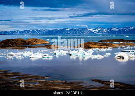 Mountain and snowy sea view,  July in Spitzbergen, Norway Stock Photo