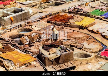 View of Leather traditional tannery in Medina of Marrakesh. Association Sidi Yacoub Tannery,from Chez Hassan Berber Shop Terrace. Stock Photo