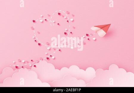 Illustration of love with a heart shape paper plane flying in the sky in paper cut style. Digital craft paper art valentines day concept. Stock Vector