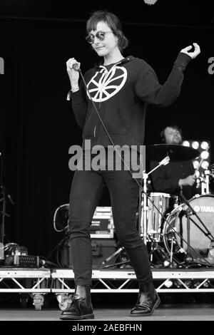 LONDON - JUL 02, 2016: Image digitally altered to monochrome Polica perform on stage at the Barclaycard British Summer Time Event in Hyde Park on Jul 02, 2016 in London Stock Photo