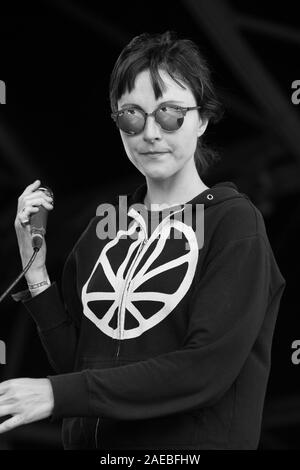 LONDON - JUL 02, 2016: Image digitally altered to monochrome Polica perform on stage at the Barclaycard British Summer Time Event in Hyde Park on Jul 02, 2016 in London Stock Photo