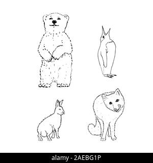 Set of northern winter animals: bear, penguin, rabbit, fox. Black outline on white background. Picture can be used in greeting cards, posters, flyers, banners, logo, further design etc. Vector illustration. EPS10 Stock Vector