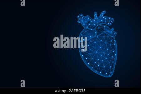 Human heart low poly model, human organs abstract graphics, anatomy polygonal wireframe vector illustration on dark blue background Stock Vector