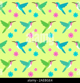 Hummingbirds and flowers seamless pattern. Floral background with colibri birds, tropical nature vector illustration. Stock Vector