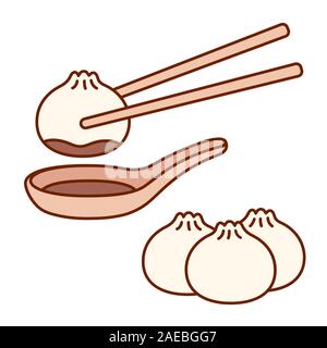 Cute cartoon Asian dumplings drawing with chopsticks and dipping sauce. Traditional Chinese and Japanese food vector illustration set. Stock Vector