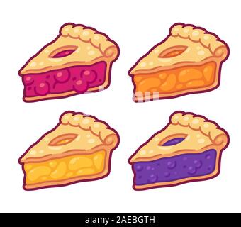 Cute cartoon pie slices set. Cherry, bleuberry, apple and peach pie drawing. Hand drawn slice of traditional American baked dessert. Isolated vector i Stock Vector