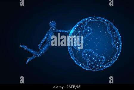 Levitating man touched planet Earth low poly design, Technologies connecting the word wireframe mesh polygonal vector illustration made from points an Stock Vector