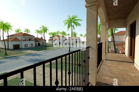 3D rendering of a street with cottage houses and palm trees Stock Photo