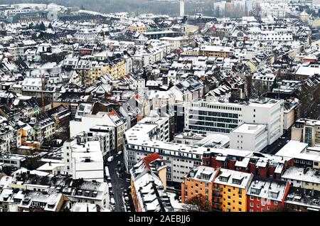 view of the snowy cologne deutz on a cold january day