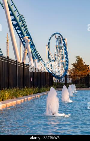 The Rollin Thunder roller coaster in OWA Entertainment and Amusement Park in Foley, Alabama Stock Photo