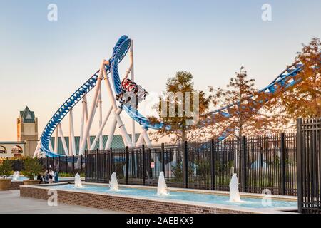 The Rollin Thunder roller coaster in OWA Entertainment and Amusement Park in Foley, Alabama Stock Photo