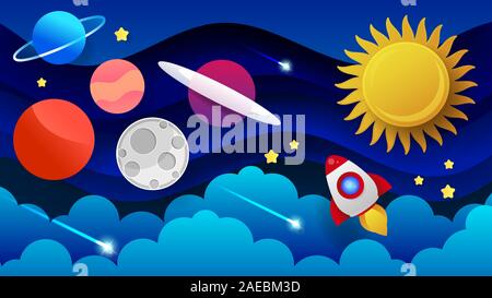 Space Flat Vector Background With Rocket, Spaceship, Moon, Planets . Stock Vector