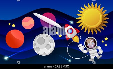 Space Flat Vector Background With Rocket, Spaceship, Moon, Planets . Stock Vector