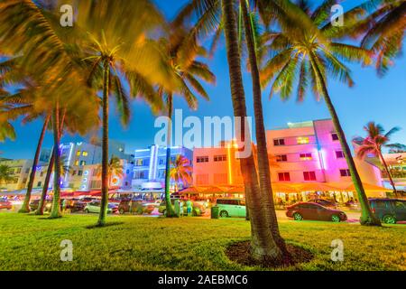 Miami Beach, Florida, USA cityscape with art deco buidlings on Ocean Drive at twilight.