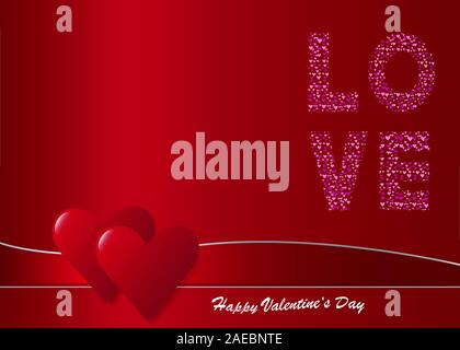 Two connected red hearts are placed on red wave with metallic edges . The inscription Love created from a number of hearts is on the right side of the Stock Vector